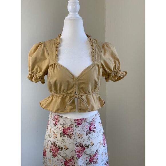 Free People Milkmaid Peasant Cropped Blouse Top XS Tan Brown Puff Short Sleeve - Picture 1 of 10